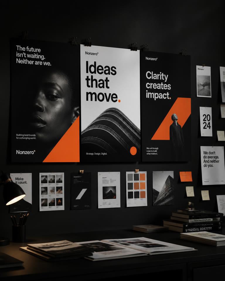 Campaign poster wall with editorial advertising creatives