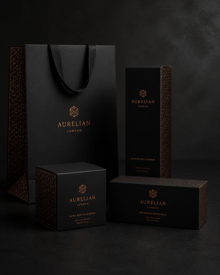 Premium product packaging mockups with orange foil detail