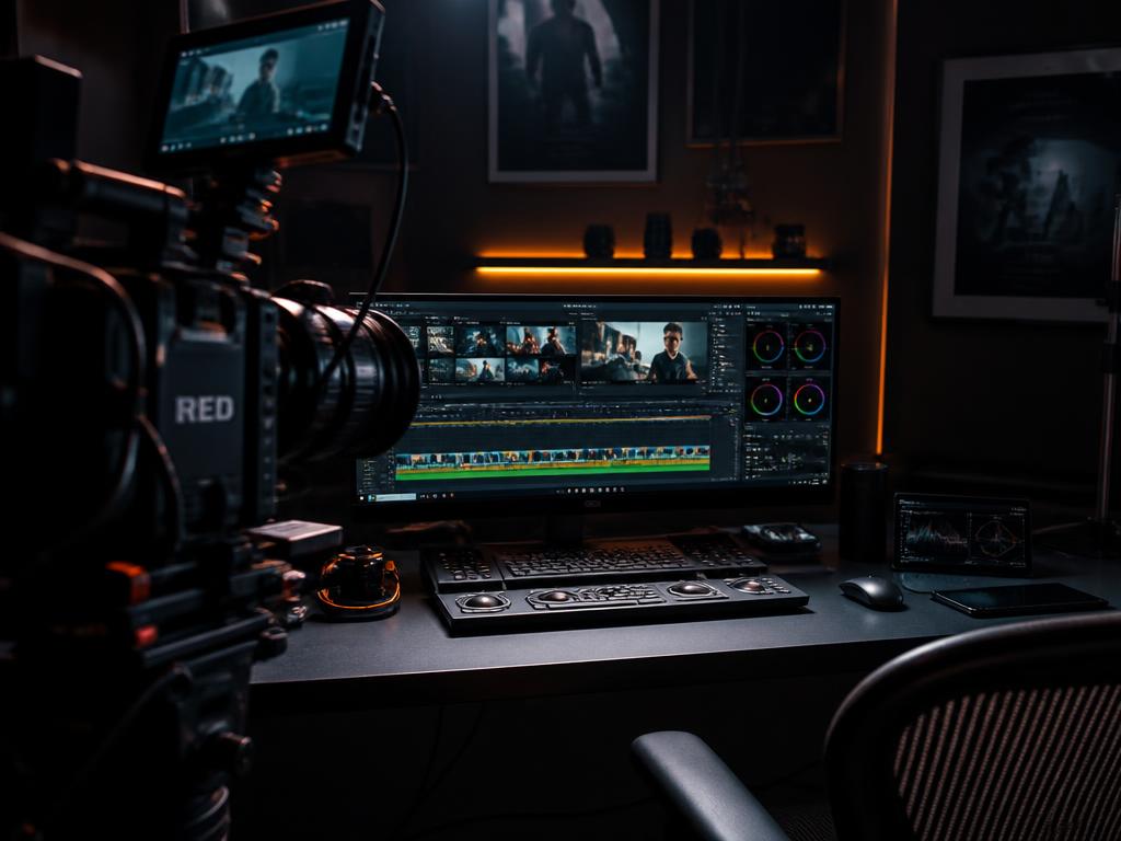 Video editing timeline and colour grading suite with cinema camera
